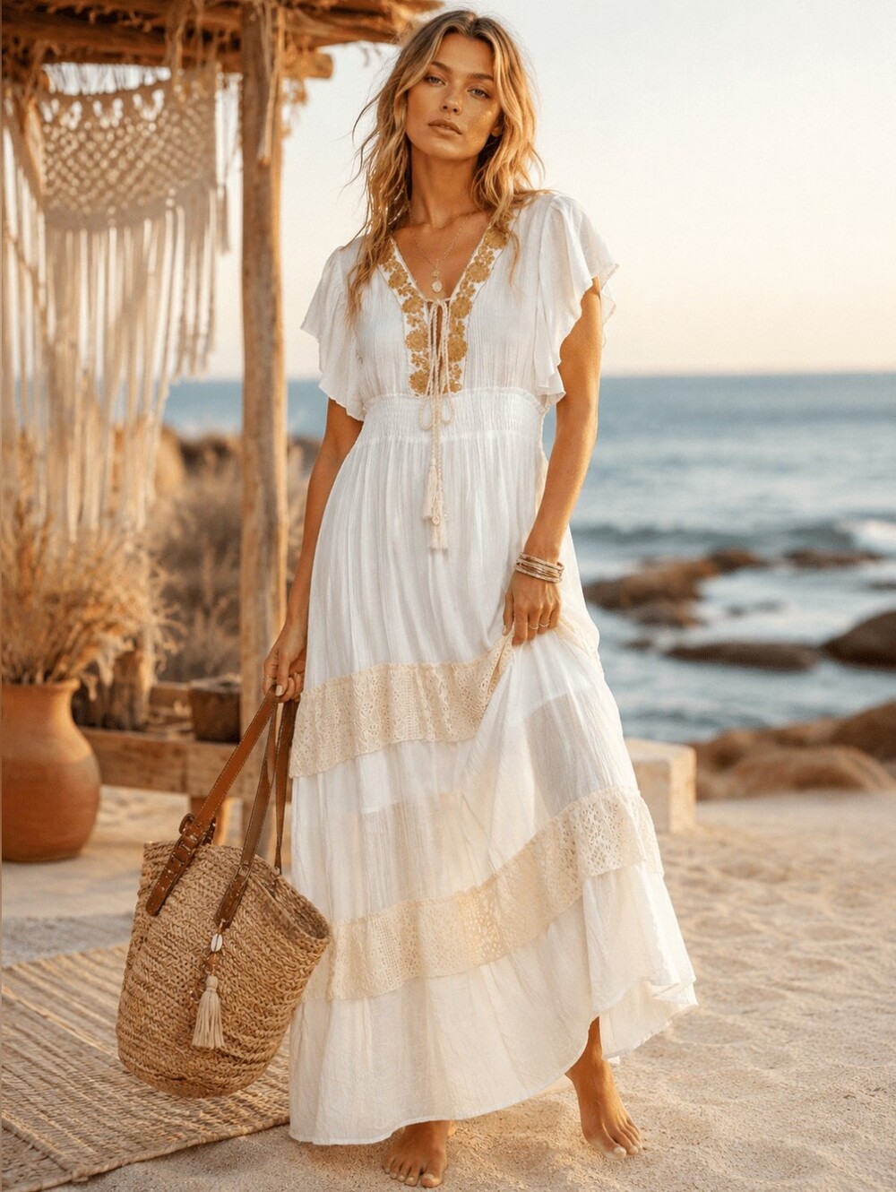 NWT Boho Tiered Crochet Lace Maxi Dress Size S, M & L